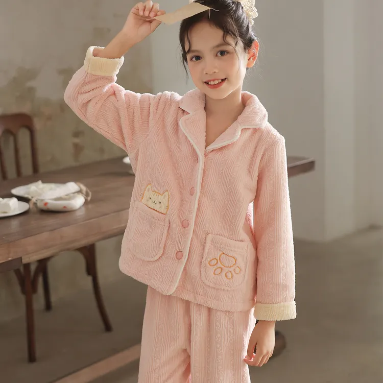 米筱米儿童秋冬牛奶绒加厚保暖幸福小猫A类睡衣套女童家居服2025