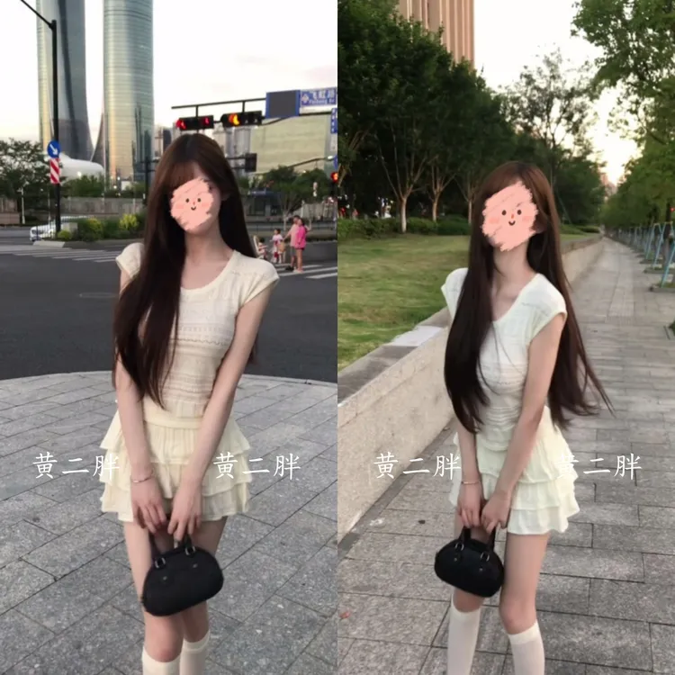 镂空针织短袖上衣女+甜美减龄高腰蛋糕短裙两件套2025夏季新款