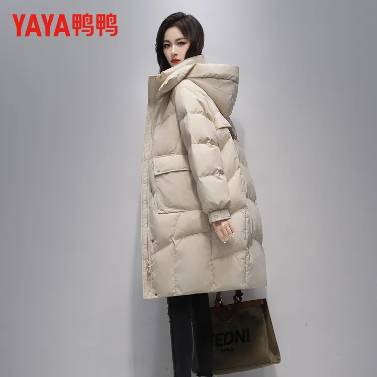 鸭鸭连帽女士羽绒服中长款2025冬季新款丫丫韩版时尚90鸭绒外套