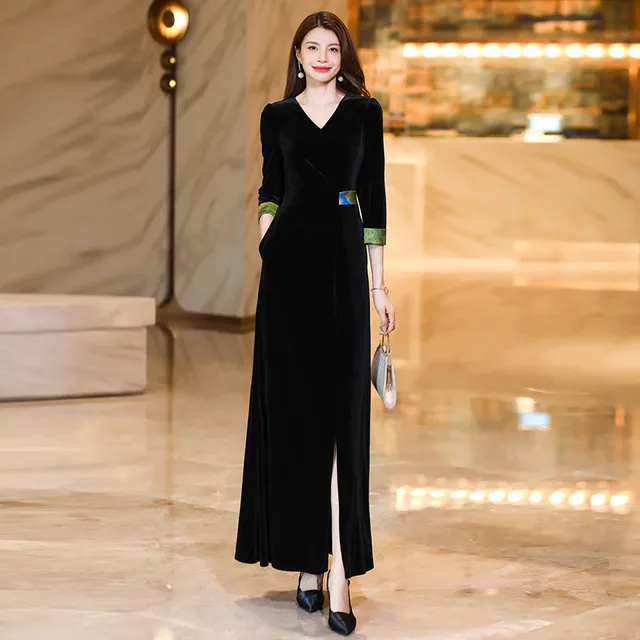 开春气质穿搭连衣裙女2025春季金丝绒黑色新中式连身裙超长裙子