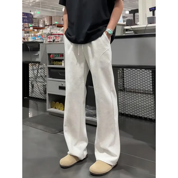 白灰色斜切弯刀卫裤男宽松直筒美式运动裤子高腰显腿长微喇休闲裤