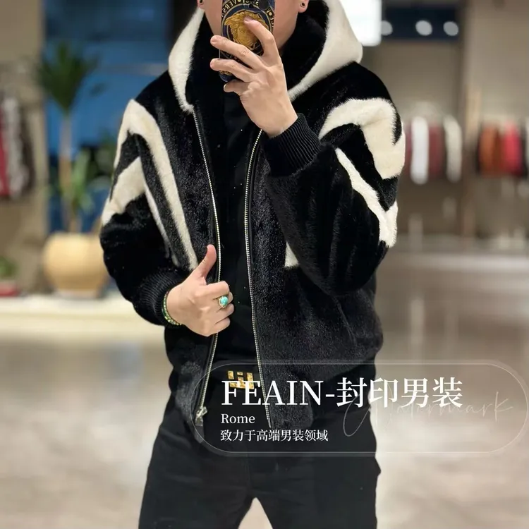 高端定制全手工立体拼接工艺连帽毛绒夹克25126