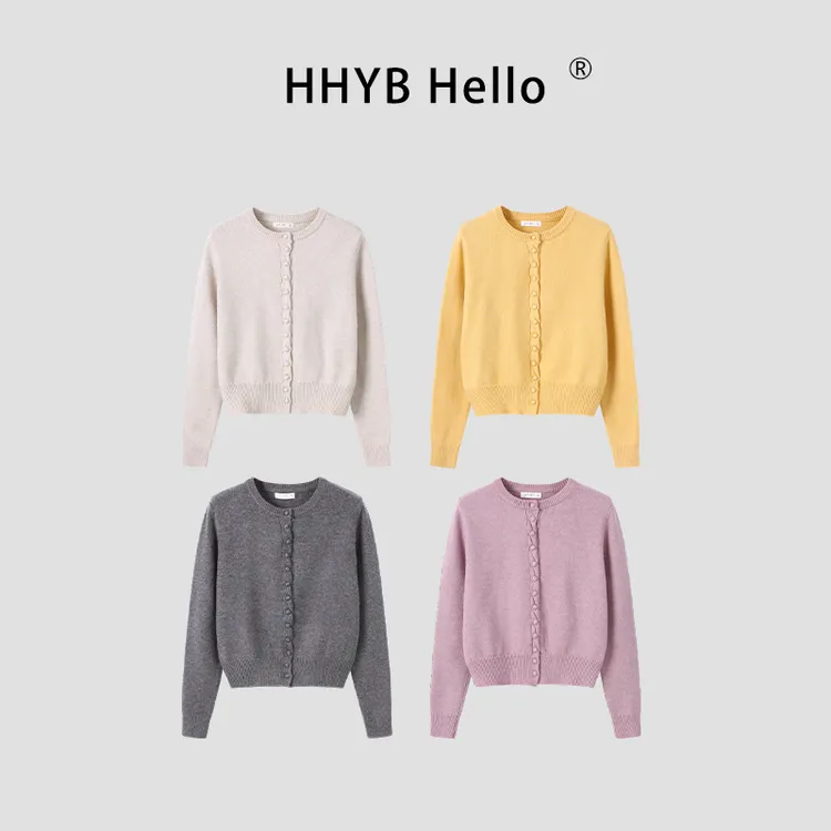 HHYB Hello韩系设计感布包扣上衣洋气别致单排扣毛衣外套M1410