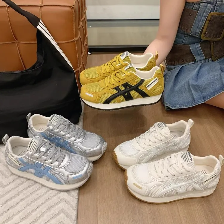 欧货2025春夏复古百搭网面拼接休闲运动鞋增高厚底系带慢跑老爹鞋