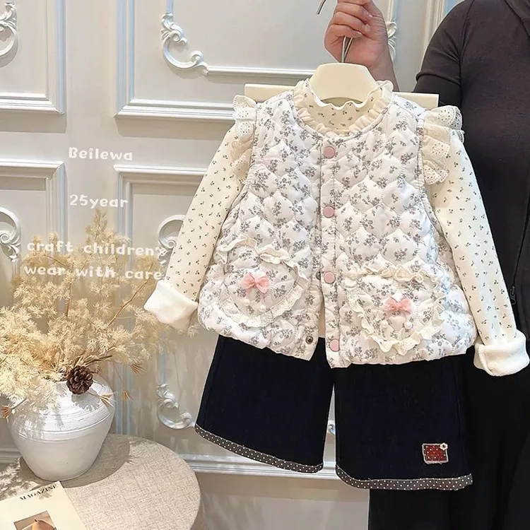 女童冬季加绒加厚马甲儿童休闲外穿碎花坎肩宝宝洋气内搭花边上衣