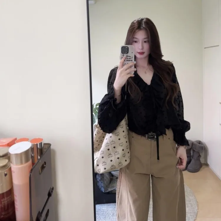 法式黑色波点荷叶领长袖衬衫女夏季薄款透视防晒衬衣独特别致上衣