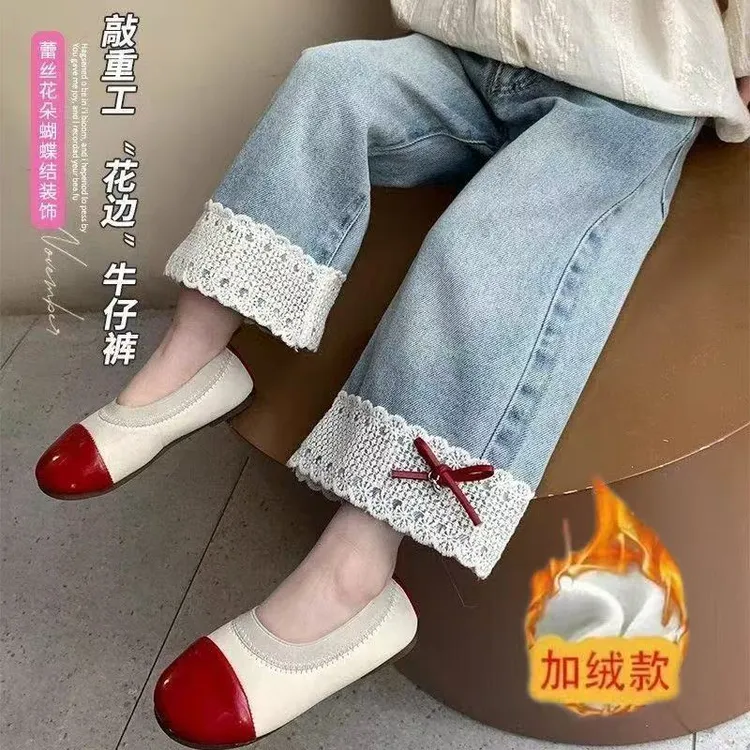 冬季加绒一体绒女童裤子春秋款2025新款儿童牛仔裤直筒裤休闲长裤
