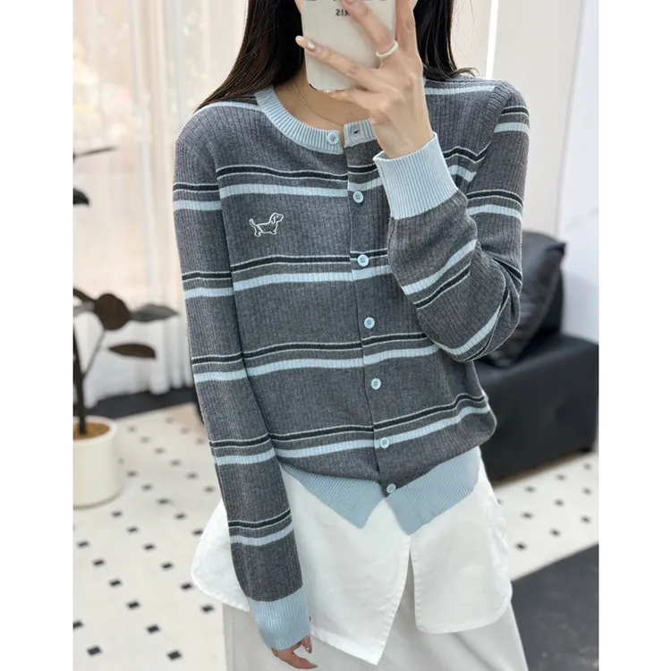 蓝灰条纹刺绣tb风春秋季针织开衫长袖百搭羊毛衫3211