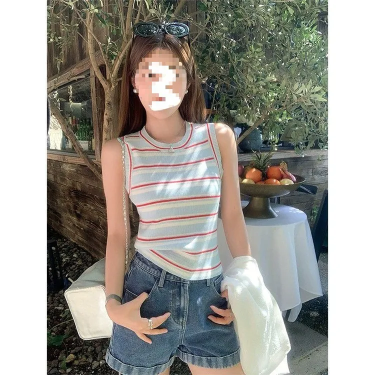 韩系撞色条纹针织背心女2025夏新款修身显瘦无袖上衣外穿内搭ins