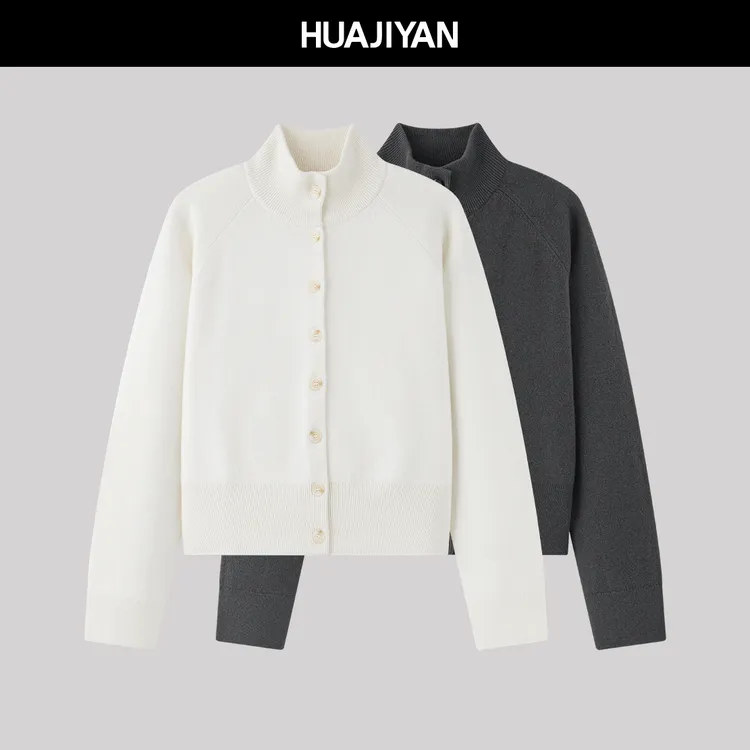 华吉言/HUAJIYAN【南港】100绵羊毛空气层针织高弹螺纹半高领开衫