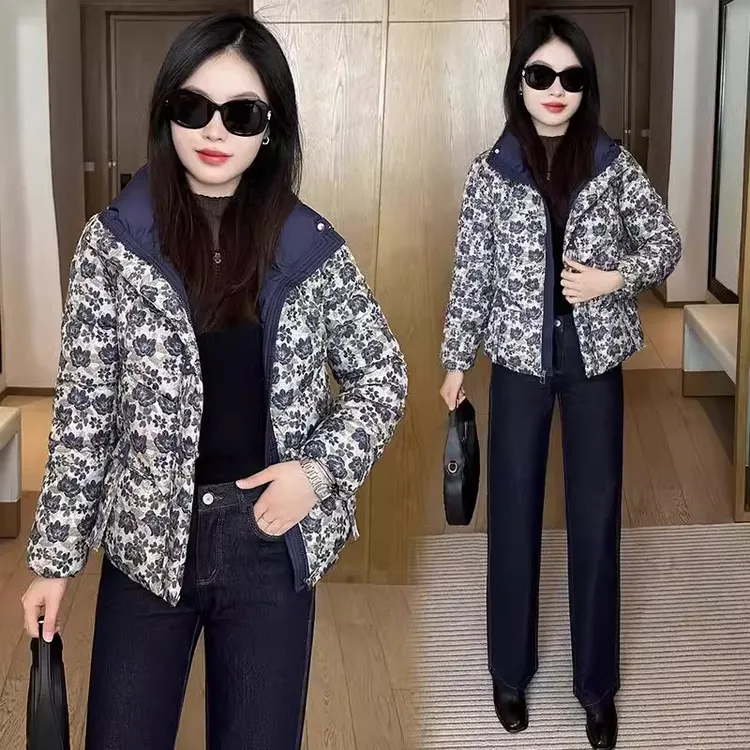 时尚棉服女短款冬季洋气显瘦加厚保暖立领碎花面包服棉袄百搭外套