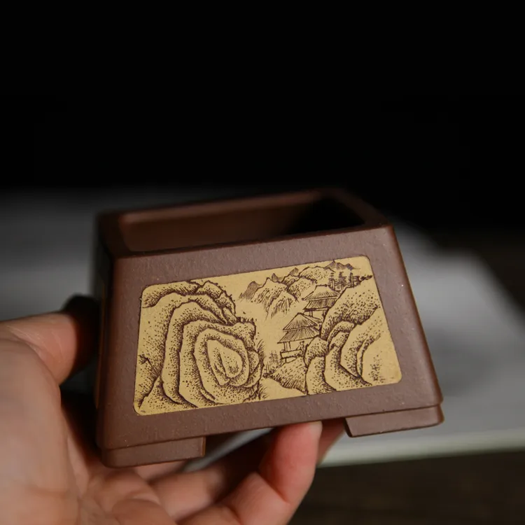 盆客陶瓷 精品紫砂盆 王明莉全手工原矿紫泥复古收口四方文人小盆