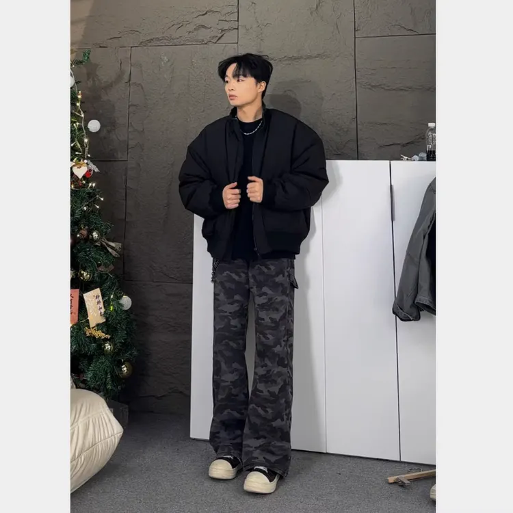 美式复古水洗微喇牛仔裤男款春秋季高街痞帅迷彩裤子宽松阔腿长裤