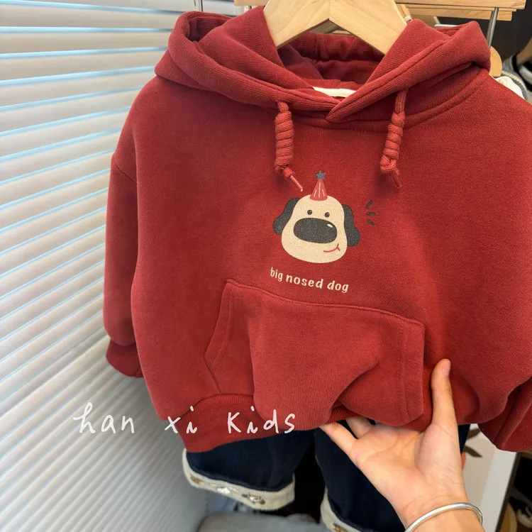 颜色很漂亮！韩国男女童洋气复古红连帽卫衣儿童卡通加绒套头上衣