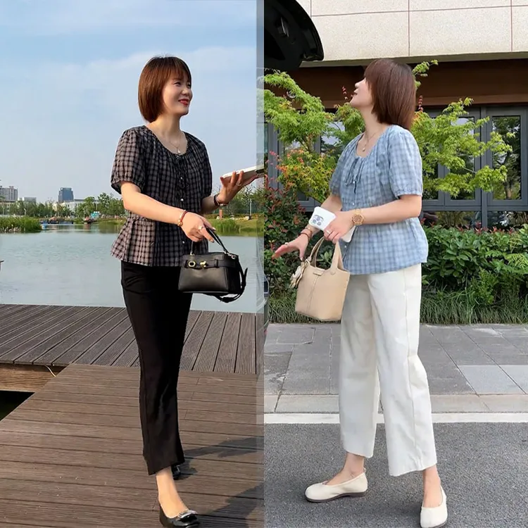 法式时尚气质宽松显瘦圆领格子衬衫上衣休闲九分裤夏季百搭两件套