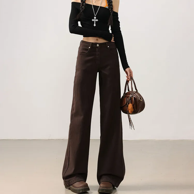 大码咖色加绒高腰阔腿牛仔裤女冬季款梨形身材宽松显瘦百搭直筒裤