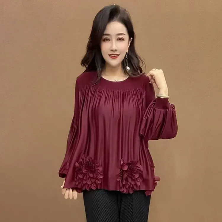 2025春秋长袖洋气百搭宽松遮肉大码立体花褶皱衬衣气质小衫上衣女