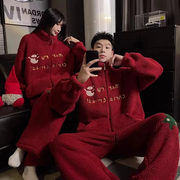 红色喜庆情侣睡衣女冬季珊瑚绒法兰绒加厚加绒男士家居服套装冬天