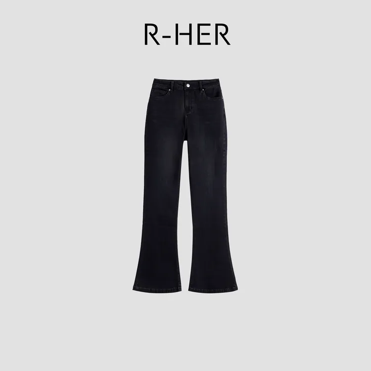 R-HER【墨澜牛仔】纯色高级显瘦修身弹力高腰微喇牛仔裤RK25092805