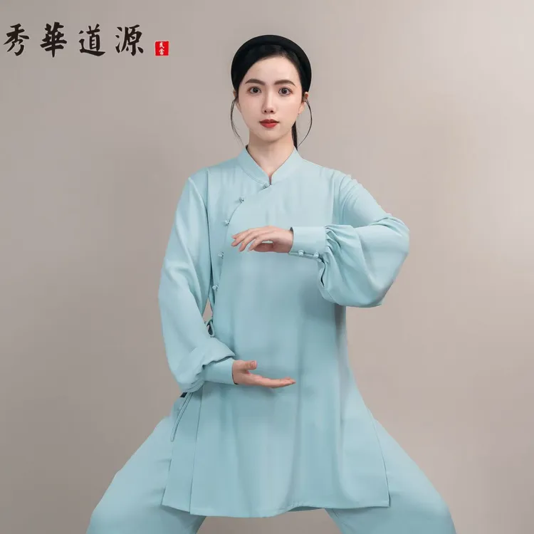 女【重磅醋酸麻】四季款式斜襟飘带太极武术练功服太极表演服中国风