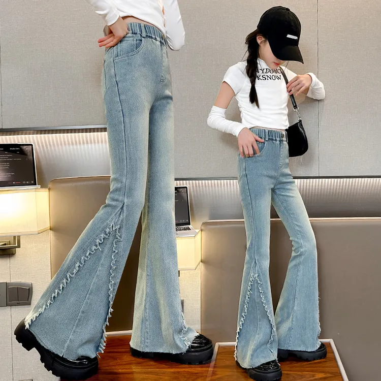 女童喇叭裤春秋新款2025儿童装弹力毛边牛仔裤小女孩春装裤子