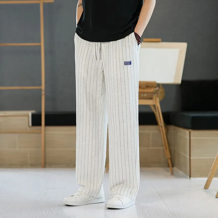 亚麻裤男夏季薄款棉麻裤子白色条纹裤直筒宽松阔腿裤男士休闲长裤