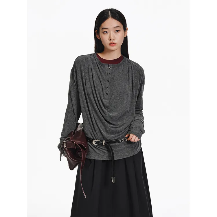 LIMPIDOCULUS 女款立体打褶荡领肌理亨利领棉结长袖TEE