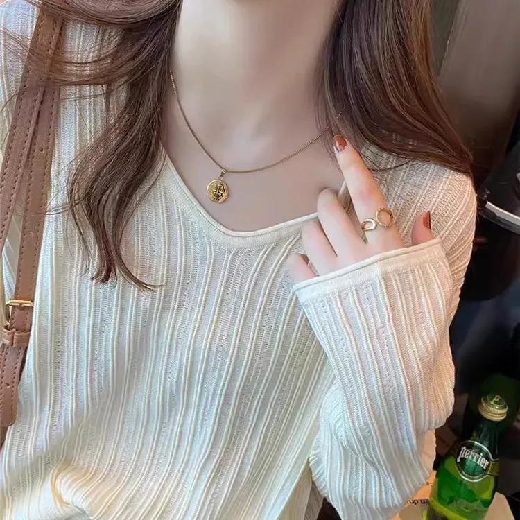 短款长袖薄款法式常规款毛针织衫上衣百搭打底衫毛衣圆领宽松