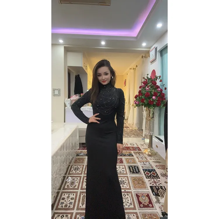 9893【包邮】高领烫钻简约高级时尚新款气质女装连衣裙