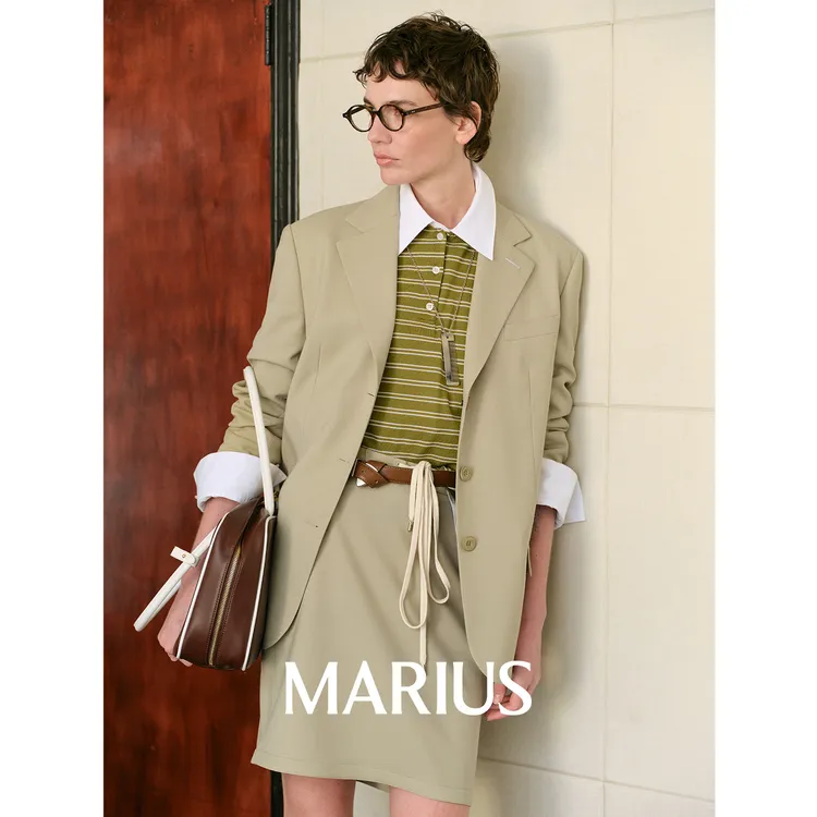 MARIUS“MIU西娅”美利奴绵羊毛休闲佰搭西装抽绳短裤半裙套装春