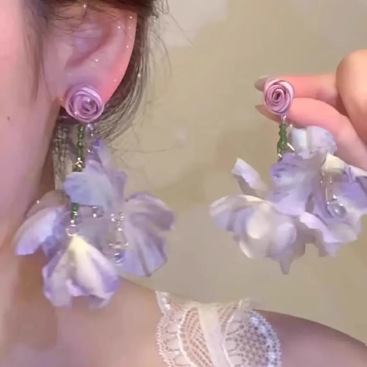 纯欲风超仙紫色花朵流苏耳环女度假风夸张小众首饰