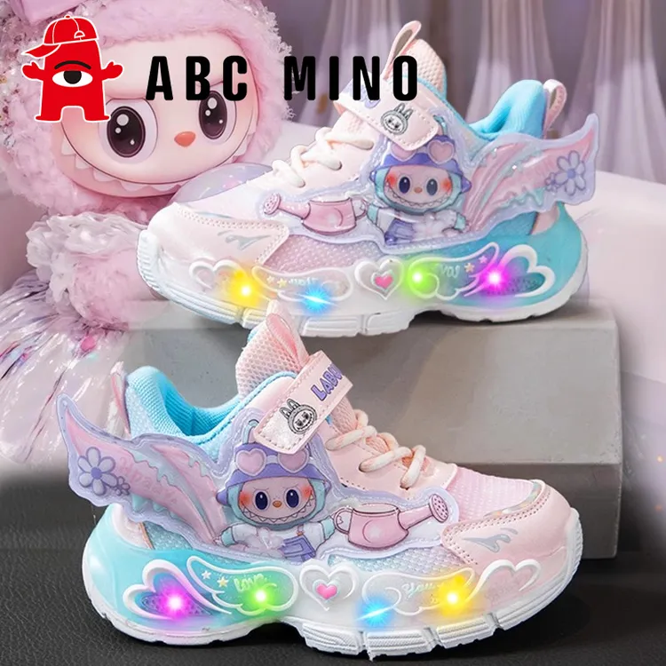 ABC MINO拉布布女童运动鞋秋季儿童公主老爹鞋亮灯女孩透气网面鞋