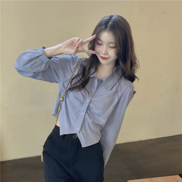 L春秋季学院风蓝色衬衫女气质设计感上衣短款显瘦百搭长袖衬衣