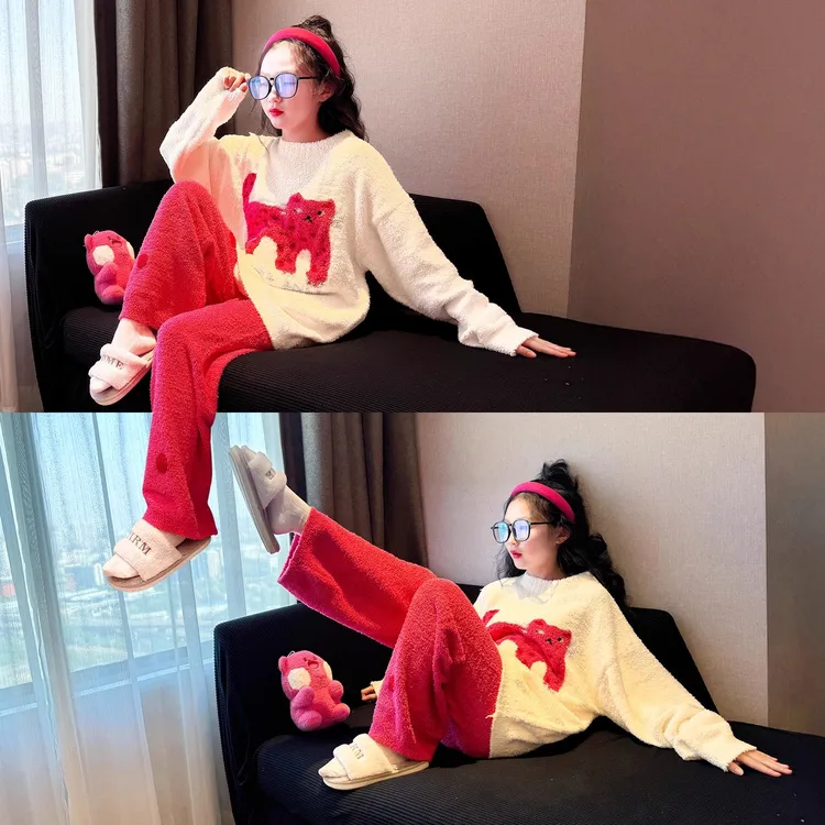 儿童珊瑚绒睡衣2025新款初中生冬装韩版半边绒家居服女童居家套装