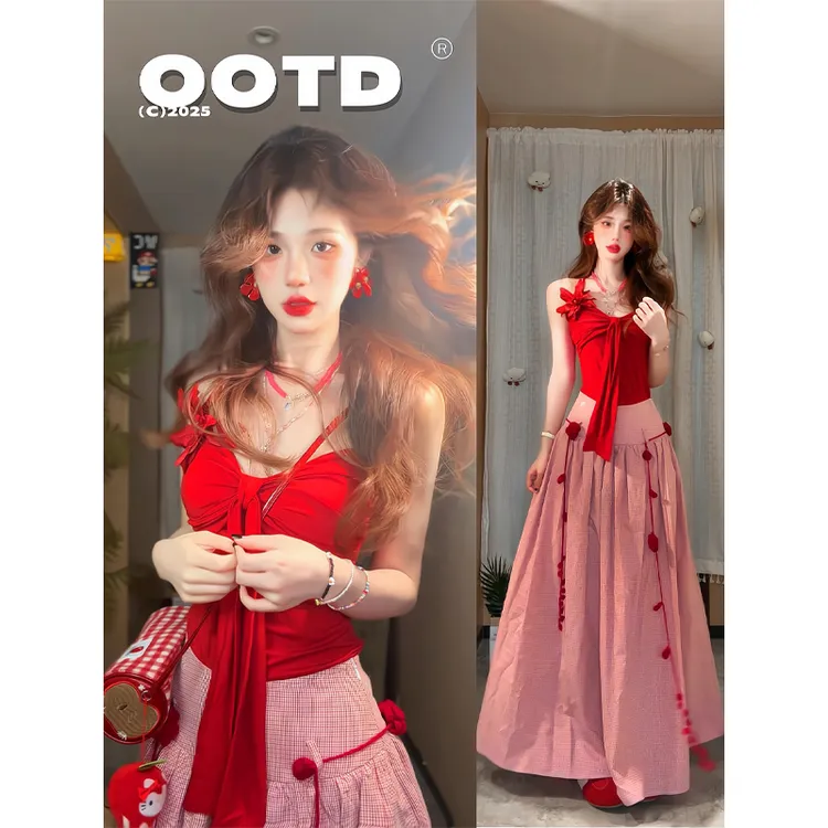 夏季辣妹度假风红色抹胸吊带蝴蝶结修身上衣宽松垂坠中长裙两件套