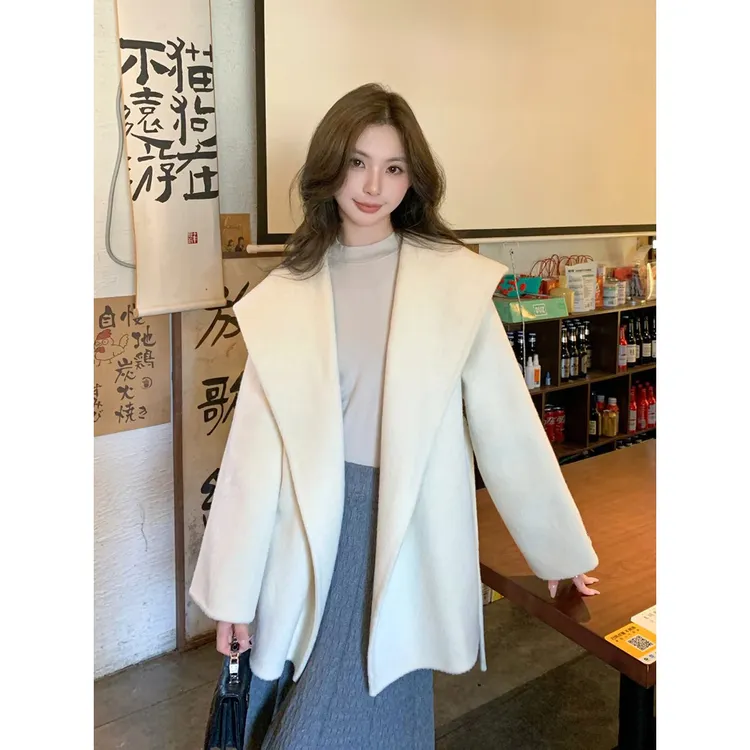 韩版百搭气质女小个子纯色毛呢外套设计感双面短款秋冬