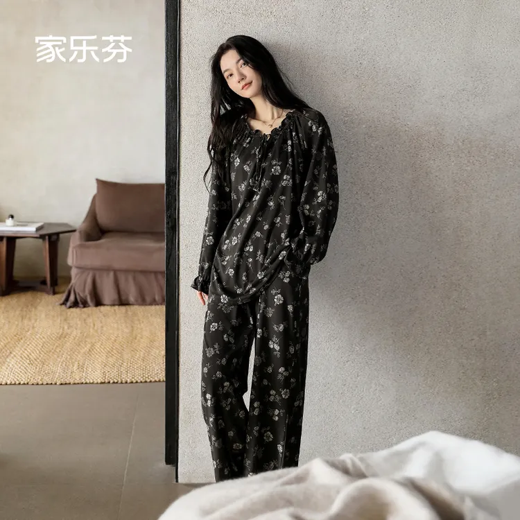 家乐芬睡衣女春秋款秋季纯棉长袖家居服喇叭袖大码复古老钱风套装