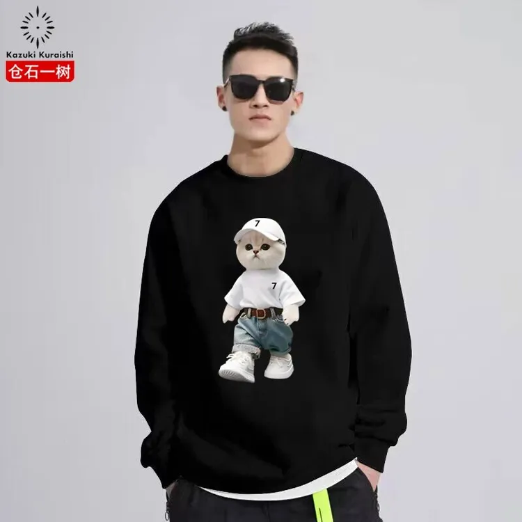 仓石一树秋季长袖卫衣男圆领套头休闲百搭宽松猫咪印花情侣款上衣