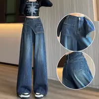 喜绚超火设计感复古假两件阔腿牛仔裤女2025秋季宽松时尚直筒裤女