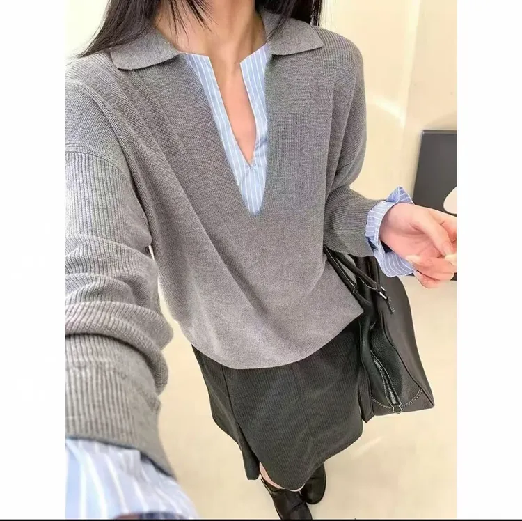 （G690）洋气拼接针织上衣女2025秋季新款大码宽松休闲撞色套头上衣