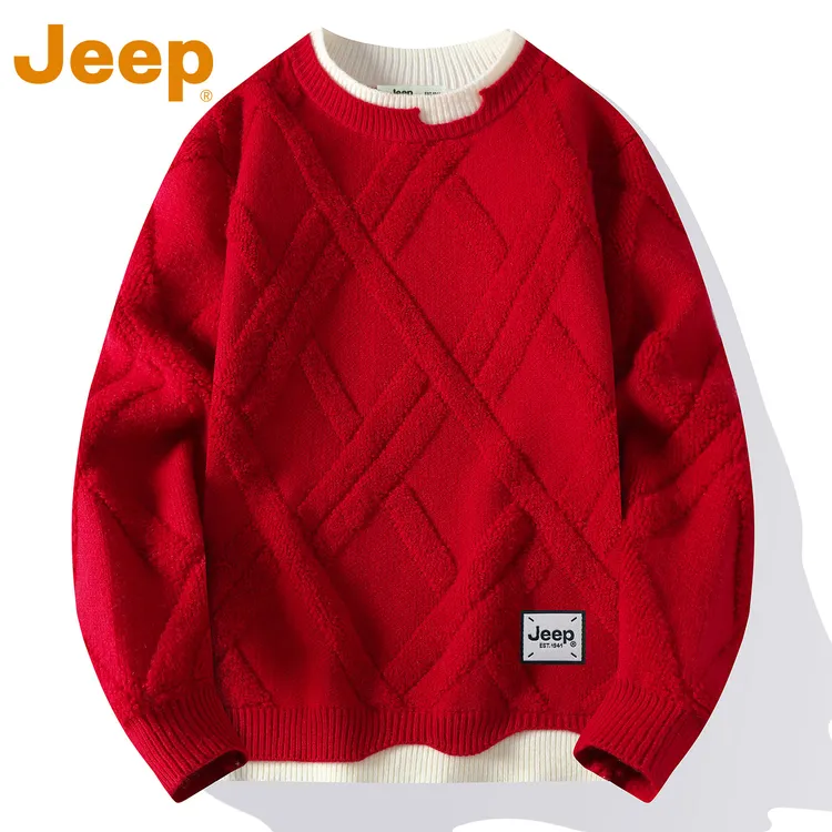 JEEP吉普红色假两件圆领毛衣男款秋冬季宽松休闲百搭本命年针织衫