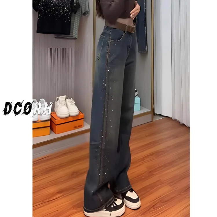 港风复古烫钻直筒牛仔裤春季2025新款美式做旧高级感宽松阔腿长裤