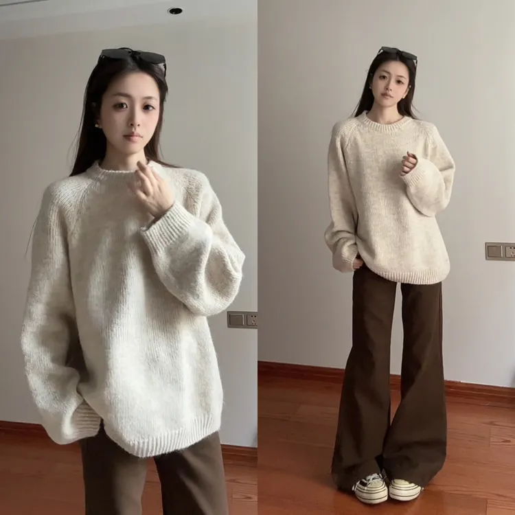 杏色老钱风圆领毛衣男女冬季慵懒风宽松针织衫美式复古内搭打底衫