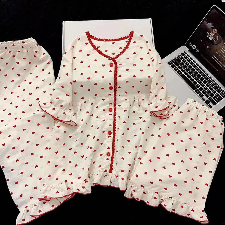 爱心书签三件套|230斤韩版新款甜美大码家居服胖mm可外出睡衣套装