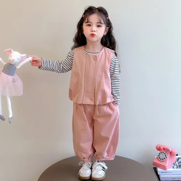 女童春秋款套装2025新款儿童条纹马甲阔腿裤宝宝春秋季工装三件套