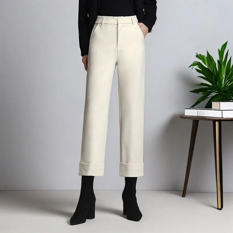 时尚气质羊毛呢挽边八分裤秋冬高腰显瘦直筒裤洋气靴裤休闲通勤