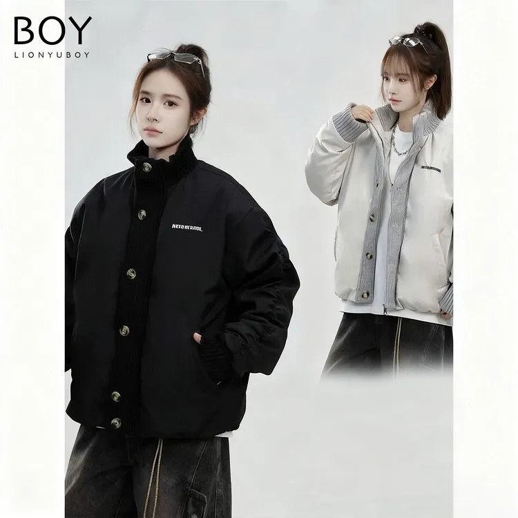 LIONYU【原创】假两件针织拼接棉服男女冬季加厚立领棒球服棉衣外套