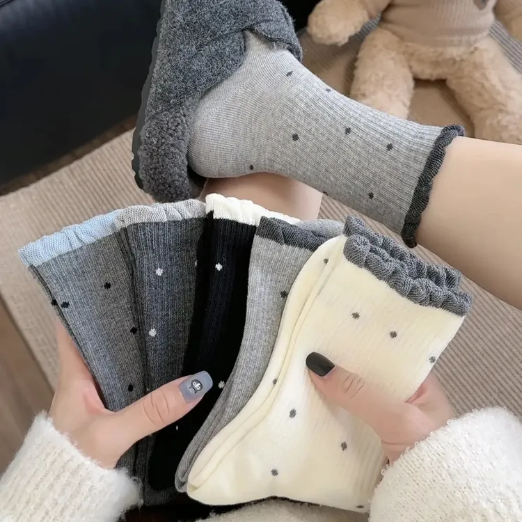 【8双装】新款花边波点泡泡罗口ins韩系百搭甜美温柔花边灰色中筒袜商品图