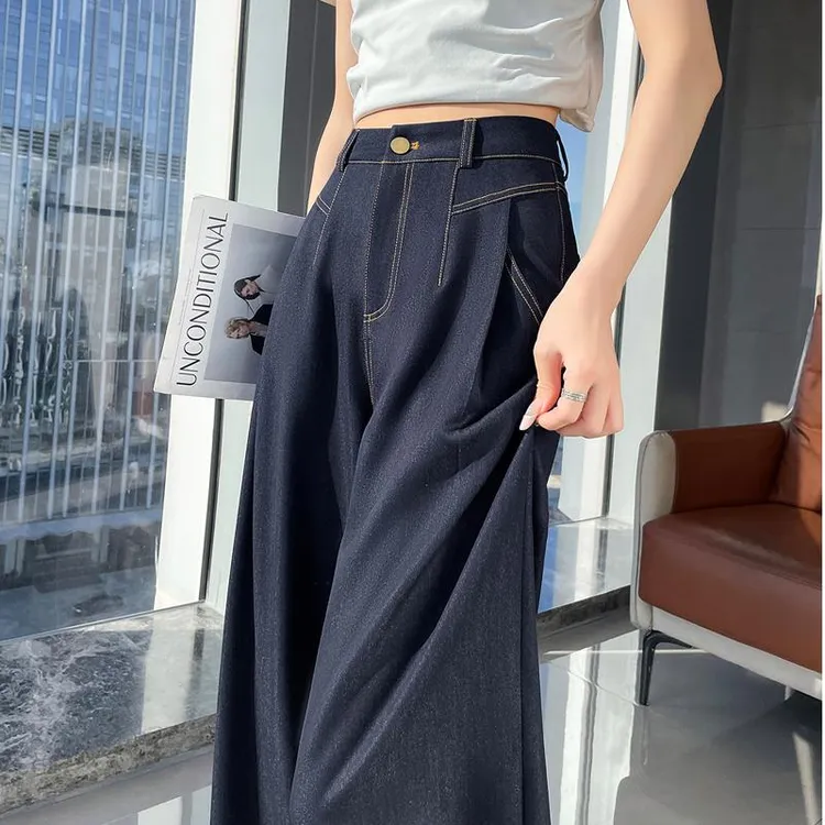 复古深蓝色牛仔裤女夏季薄款高腰显瘦宽松直筒拖地冰丝阔腿裤