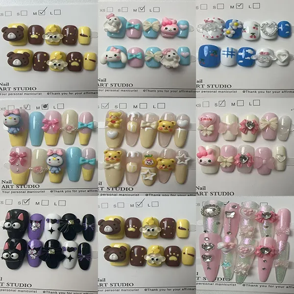 黄油小熊法式纯手工长尖豆豆甲美甲穿戴甲片短款纯手工穿戴甲